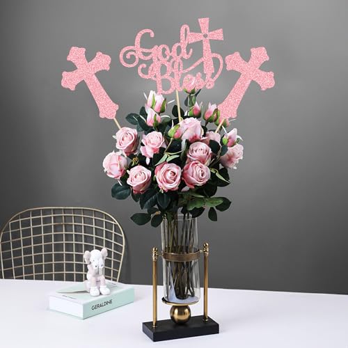 Gyufise 12Pcs God Bless and Cross Centerpiece Sticks Double Sided Cross God Bless Table Flower Centerpieces Sticks First Communion Baptism Decorations for God Bless Theme Party Supplies Pink