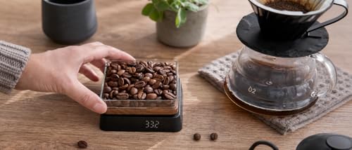 Digital Coffee Scale with Bowl 0.1g High Precision Kitchen Scale Wodden Coffee Scale Electronic Food Weighing Espresso Scale, Large LED Display, Touch Button, Easy to Clean, Black.