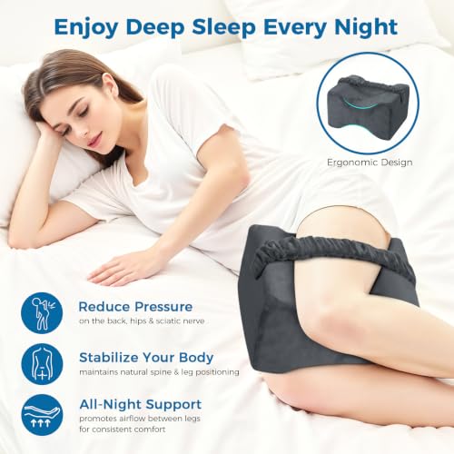 Grey memory foam knee pillow for side sleepers with strap, designed as a leg positioner pillow by ComfyInLove.