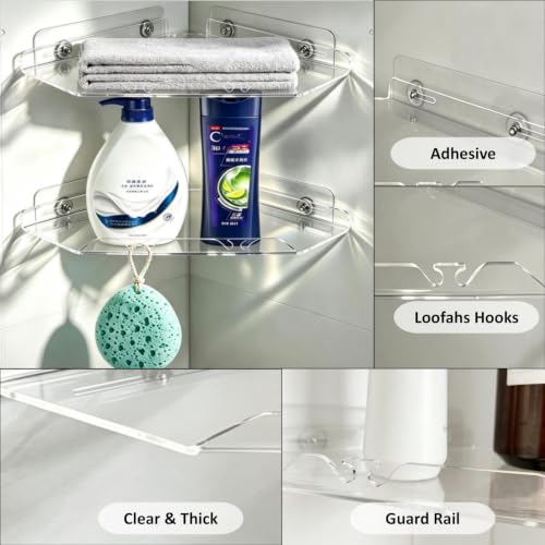 Corner Shower Caddy Shelf Rack 2 Tier Adhesive Shower Organizer Essentials - No Drilling Acrylic Bathroom Storage Rack with Hooks No Drilling Shelves (10"x10" 2 tier clear) 10"x10" 2 tier clear