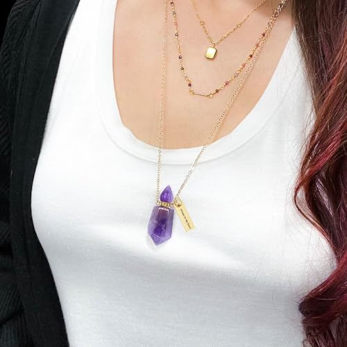 Cremation Gold Urn Necklaces for Ashes for Women Men Natural Crystal Gemstones Keepsake Jewelry Memorial Urn Locket for Human Ashes Holder Gold Purple