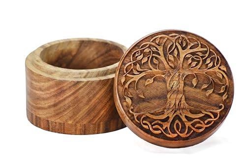 Small Wooden Urn for Human & Pet Ashes – Handcrafted Tree of Life Mini Memorial Keepsake – Decorative Round Cremation Urn for Dogs, Cats & Loved Ones Tree Design