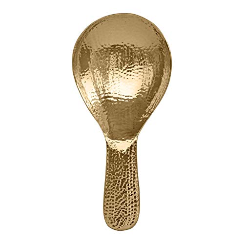 DeKulture handmade brass rice serving spoon with gold finish, flatware design, 7.9 x 3.7 inches, food-grade tableware.