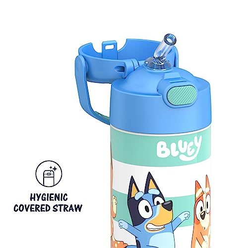 THERMOS FUNTAINER 12 Ounce Stainless Steel Vacuum Insulated Kids Straw Bottle, Super Mario Brothers & FUNTAINER 12 Ounce Stainless Steel Vacuum Insulated Kids Straw Bottle, Bluey