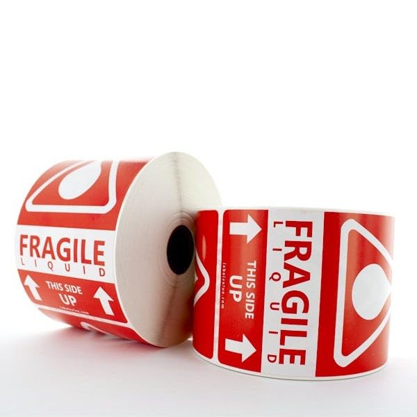 Fragile Liquid This Side Up Shipping Labels – 3" x 5", Red, Semi-Gloss, Permanent Adhesive, Warning Labels – Liquid Handling, Packaging & Shipping Use – 500 Labels per Roll | LabelValue