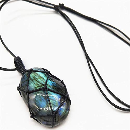 AITELEI Natural Labradorite Crystal Necklace Healing Chakra Pendant with Hand-Woven Rope Labradorite Palm Stone Moonstone Healing Stone Pendant