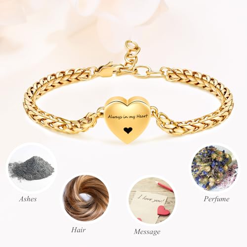 "Mnicremation Urn Bracelet for Ashes Heart Locket Cremation Bracelet,Memorial Adjustable Ashes Link Holder Bangle Link Chain Women - Always in my heart" Gold-Always