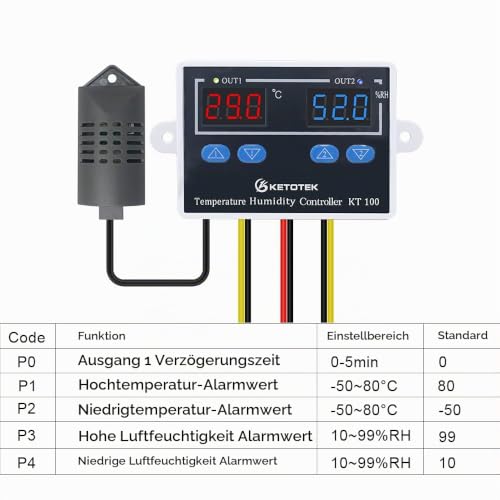 KETOTEK Digital Temperature Controller, Humidity Regulator Thermostat with Probe, Temperature Humidity Regulator, Humidity Controller for Incubator 230 V