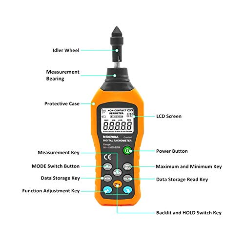 Digital RPM Meter, PEAKMETER PM6208A Contact Tachometer Gauge Motor LCD Backlight Display Accuracy Speed Meter Handheld Tester