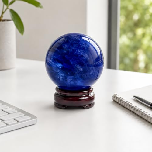 Blue Crystal Ball(70mm-2.75 inches) with Display Stand—Natural Sapphire Sphere for Decoration and Divination Blue-70mm 70mm/2.75inch
