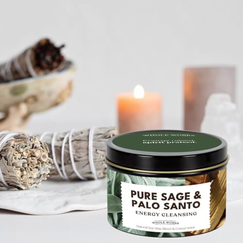 Premium Candle for Energy Cleansing – Natural Soy Wax Blend, Cotton Wick, Phthalate Free Scent, Scented Candles for Home Smudging, House Spiritual Protection, 6oz (Pure Sage & Palo Santo)
