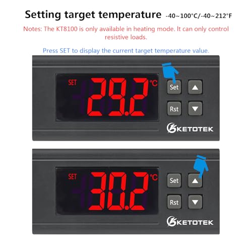 KETOTEK KT8100 Digital Heater PID Temperature Controller Dimmer Thermostat | 220 V thermostat control for heater 2 A 440 W with 2 m temperature sensor, for reptile, terrarium, aquarium