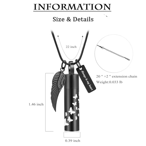 zeqingjw Cremation Jewelry Butterfly Cylinder Urn Necklace for Ashes Stainless Steel Urn Keepsake Ash Holder Funeral Memorial Pendant of Loved Ones Black