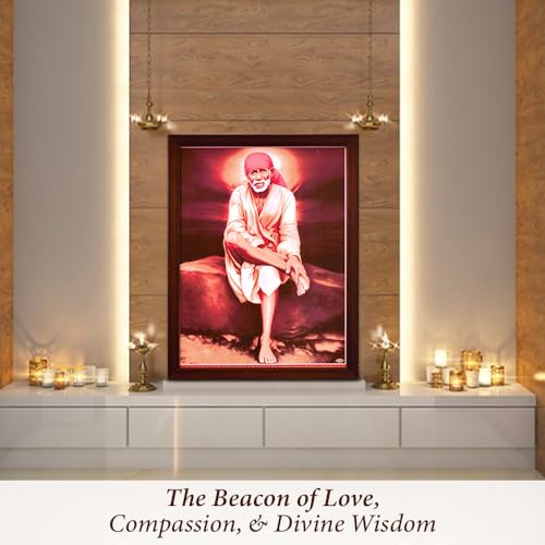 Handicraft Store SANVIKA Sai Baba Poster Frame Wall Decor, Sai Baba Photo Art Frame For Living Room Decor, Hindu Decor For Home Office, Pooja Room- 12" x 9" (Sai Baba Sitting On Rock)
