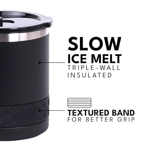 Elemental Recess Lowball Tumbler Set of 2, 10oz Triple Wall Stainless Steel Cup with Non-Shattered Tritan Lid, Insulated Whiskey Glass, Insulated Coffee Tumbler Mug for Hot & Cold Drinks - Black 10 Ounces Black(Pack of 2)