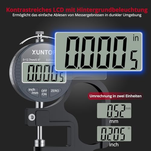 XUNTOP Digital Thickness Gauge Measuring Range 0-12.7 mm Electronic Micrometer Inch/Metric Electronic Percentage Thickness Gauge with Precise LCD Display
