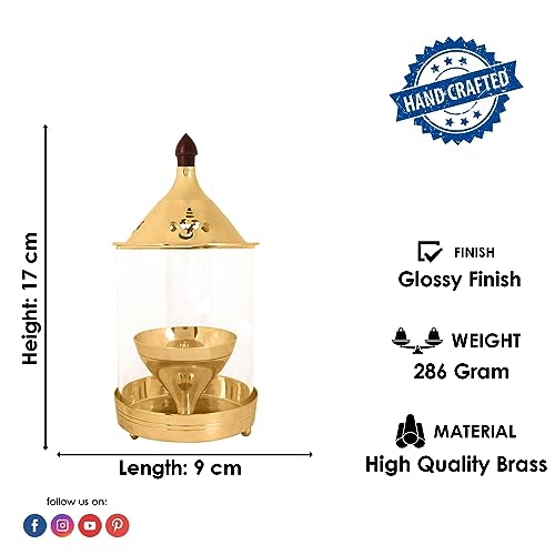 SATVIK - 7 INCH - Pure Brass Akhand Diya with Glass Chimney Kanchdeep Oil Lamp for Home Temple Pooja Diwali Decor Traditional Brass Lamp