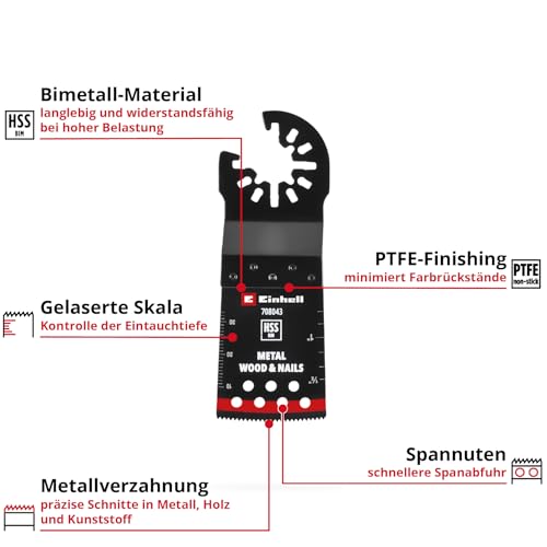 Einhell BiM Plunge Saw Blade, Curved, 34 x 40 mm | 40mm immersion depth | flutes | HSS metal teeth | curved cutting edge | quick change function | open back intake 34mm plunge saw blade black
