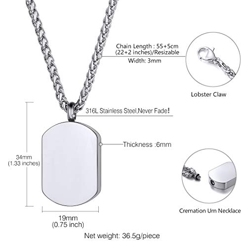 Richsteel 316L Stainless Steel Cremation Necklace, Can Put Ashes, Army Dog Tag Pendant Style, Customizable, Resizable Wheat Chain, Cremains Memory Jewellery Classic- Stainless Steel 01. No Customize