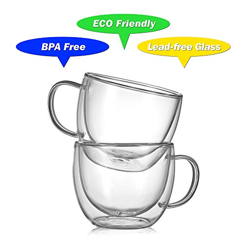 CNGLASS 8oz Double Wall Glass Coffee Mugs,Clear Insulated Espresso Glass Mugs with Handle for Latte,Cappuccino,Coffee,Set of 4 8oz(4-pack)