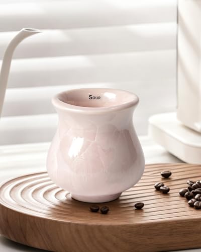 Ceramic Espresso Tasting Cup 4oz Handcrafted Ice Crackle Porcelain Cortado & Macchiato Cup, Asymmetrical Sensory Thick Wall Coffee Mug with Anti-Slip Base, Demitasse Barista Gift, Pink Cherry Blossom