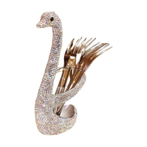 Luxury Crystal bling 304 Stainless Steel Fruit Forks - Rhinestone Metallic Elegant Swan Design Cake Fork Set for Home Use (Silver) Silver