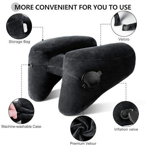 Sunany Neck Pillow for Travel Inflatable Airplane Pillow Comfortably Supports Head,Neck and Chin,Inflatable Travel Pillow with Soft Velour Cover,Portable Drawstring Bag (Black with Hat) Dark Black H-Shape