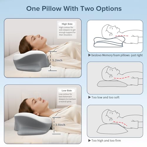 Cervical Neck Pillow for Pain Relief, Ergonomic Side Sleeper Pillow for Sleeping, Orthopedic Neck Support Contour Memory Foam Pillow for Side Back Stomach Sleepers, Ideal for Office Travel Grey&white