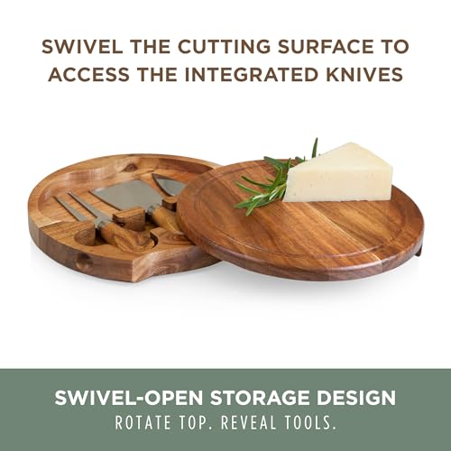 TOSCANA - a Picnic Time brand Acacia Brie Cheese Board and Knife Set - Charcuterie Board Set - Wood Cutting Board, (Acacia Wood) 7.5 Inches 7.5" Diameter - 4 Piece Set Acacia Wood