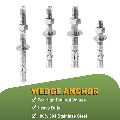 LIONMAX stainless steel 3/8 x 5 inch concrete wedge anchors, 20-piece set