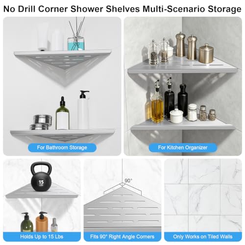 YACVCL Corner Shower Shelf,Brushed Nickel 304 Stainless Steel 10" Slot Design Recessed Corner Shelf Bathroom for Tiled Wall,No-Drill Rack Storage Bathroom Accessories,2 Pack Brushed Nickel 2 Pack