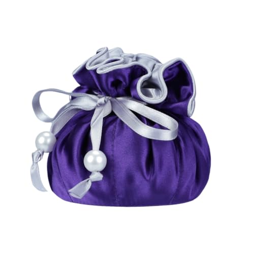 Marisa D'Amico Drawstring Premium Satin Jewelry Pouch with 8 Interior Pockets, Purple + Silver