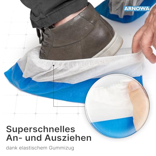 50 x Arnomed CPE + PP Disposable Shoe Covers 9 g Premium | Rutschfeste Überzieher Schuhe Weiß/Blau, Schuhschutz Überzug bis Gr 47, Maße: 17x40cm, robuste Überschuhe für die Baustelle 050pcs