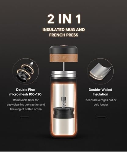 RECAFIMIL Portable French Press Stainless Steel Coffee Maker Travel French Press Insulated Bottle Cup - 320ml Portable Coffee Maker with Double Wall Insulation, Ideal for On - the - go Coffee Lovers