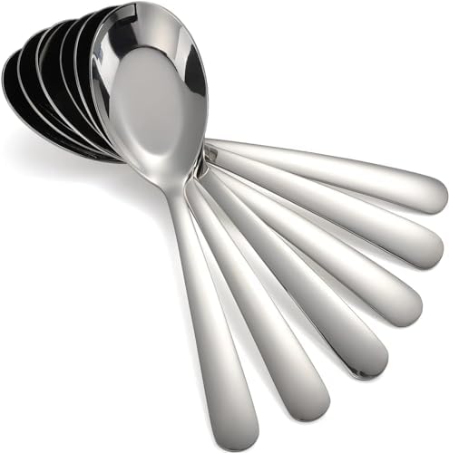 Set of 12 stainless steel soup spoons with long handles, ideal for dinner and serving soups. CHWAIKA soup spoon set.