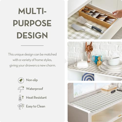 Drawer and Shelf Liner, Non-Slip Kitchen Cabinet Liners Non-Adhesive Thick Strong Grip Waterproof Washable Mats Protect Dresser Shelves Cupboard Bathroom Cabinets, Green Plaid, 12 in X 30 FT 12"W x 360"L
