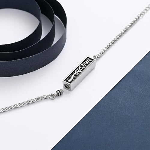 Tree of Life Urn Bracelet for Men Women Bar Cremation Bracelet for Ashes Stainless Steel Adjustable Memorial Ashes Bangle Keepsakes Jewellery Silver