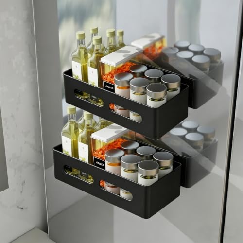 Magnetic Spice Storage Refrigerator Rack Seasoning Organizer Wall-Mounted Shelf with Hook for Kitchen Bathroom Organization (6, Black) 6