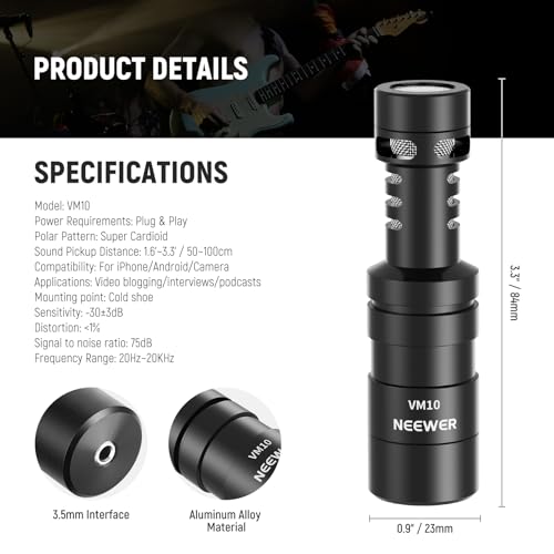 NEEWER VM10 Plug & Play Vlog Microphone for Camera, Mini Supercardioid Mic