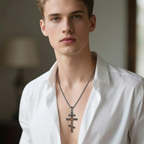 URONE Orthodox Cross Necklace for Men Sterling Silver Black Cross Wooden Pendant Necklace Christian Religious Jewellery Gifts