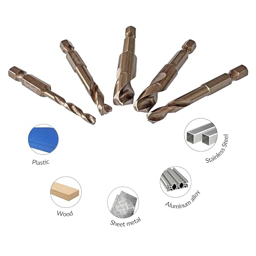 NordWolf 5-piece M35 cobalt stubby hex-shank drill bit set in storage box, SAE sizes 9/64" to 25/64"