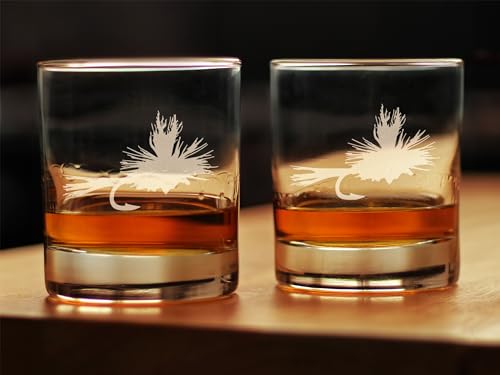 Fly Fishing Whiskey Rocks Glass for Flyfishing Gifts - 10.25 oz - Set of 2