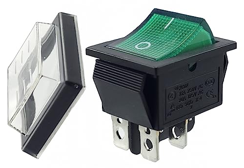 Toggle Switch Green On/Off with Waterproof Cover, Device Switch DPDT, 4-Pin 250V 16A Rocker Switch Illuminated