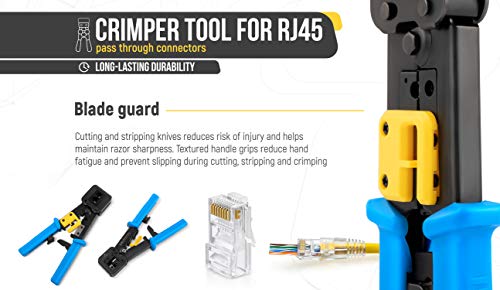 Everest Media Solutions RJ45 Crimp Tool for Pass Through Connector End - EZ Cut, Strip, Crimp Cat5e & Cat6 Ethernet Cables - Heavy Duty Crimper for RJ45 Plugs - Professional Network Crimping Tool