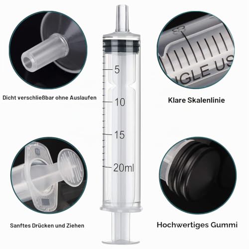 Pack of 20 Syringes, 20 ml, Individually Wrapped Disposable Syringes, Sterile Syringe | Syringes 20 ml with hat syringes without needle for animal feeding, fine dosages, crafts and scientific laboratories