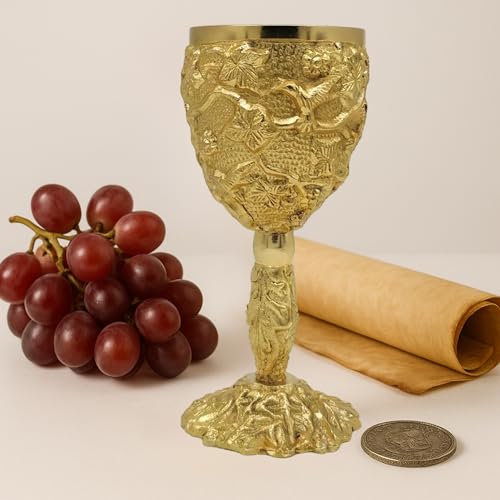 Emboss Floral Handcrafted Medieval Gold Plated Brass Chalice 6 oz| Handcrafted Cup Set For Spiritual Gifts, Fantasy Decor, or Game Night Collectors|Royal Drinking Glass
