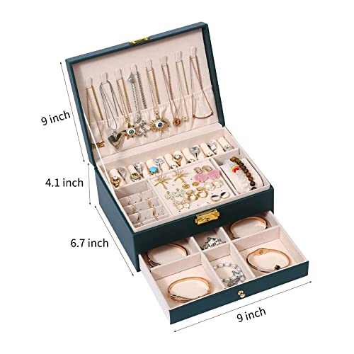 GUOER Jewelry Box for Women Girls, Two Layers Jewelry Organizer Green