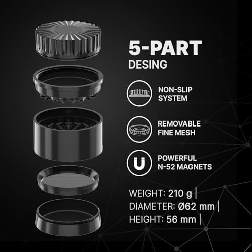 Premium Ceramic Grinder CERAMIC DRAGON 3.0 | Dragon Crystal Ceramic Coating | 5 Pieces with N52 Magnets | 62 mm Ø | Grinder for Herbs and Spices (Black) Black/White