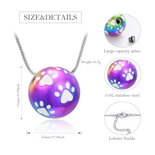Paw Print Cremation Urn Necklace for Ashes,Customize 316L Stainless Steel Pet Memorial Jewelry, Waterproof Keepsake Pendant for Dog Cat Loss, Filling Tools & Gift Box Included Colorfull
