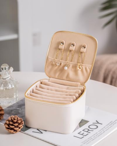 CASEGRACE Travel Jewelry Case, Jewelry Organizer with 6 Velvet Pouch Bags, Travel Jewelry Storage for Necklaces Rings Earrings, Gift for Women Girls, Beige White
